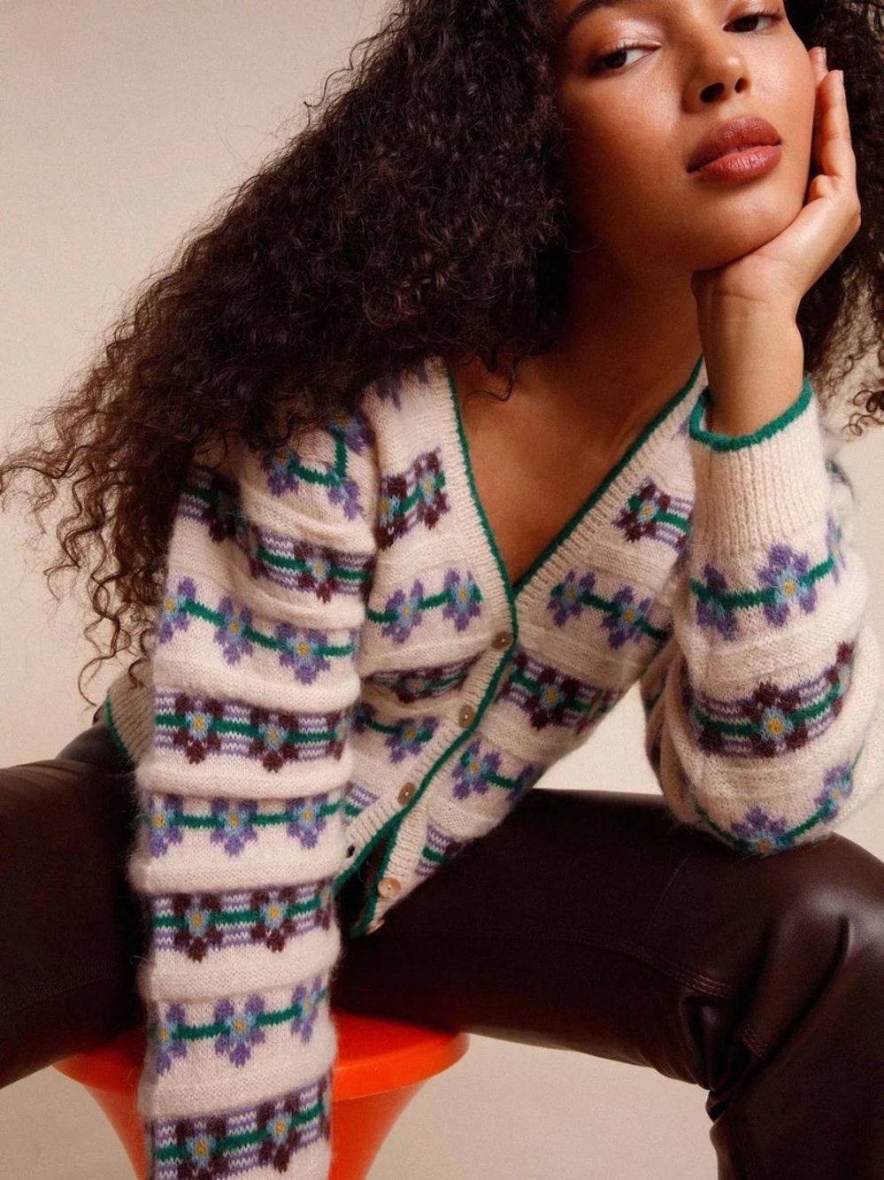 ROUJE Cream Blue Green Purple Floral Jacquard Mohair Wool Leora Cardigan Sweater